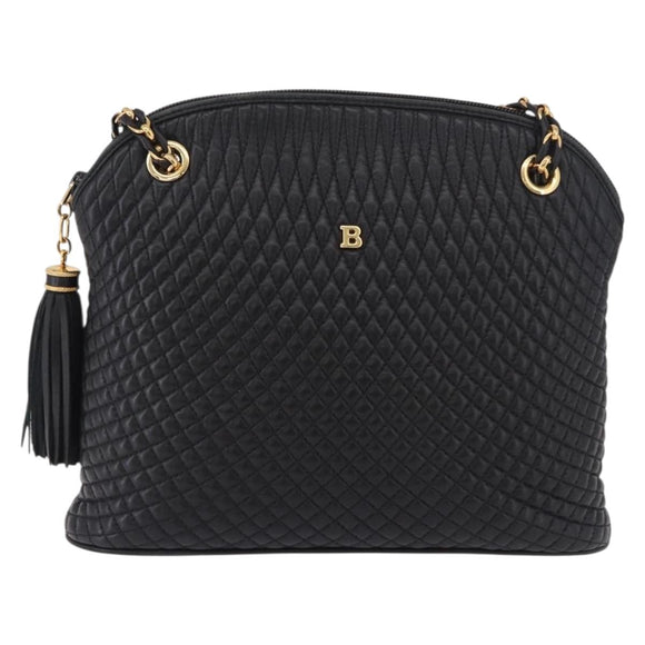 BALLY Chain Shoulder Bag Leather Black Gold Auth 184465