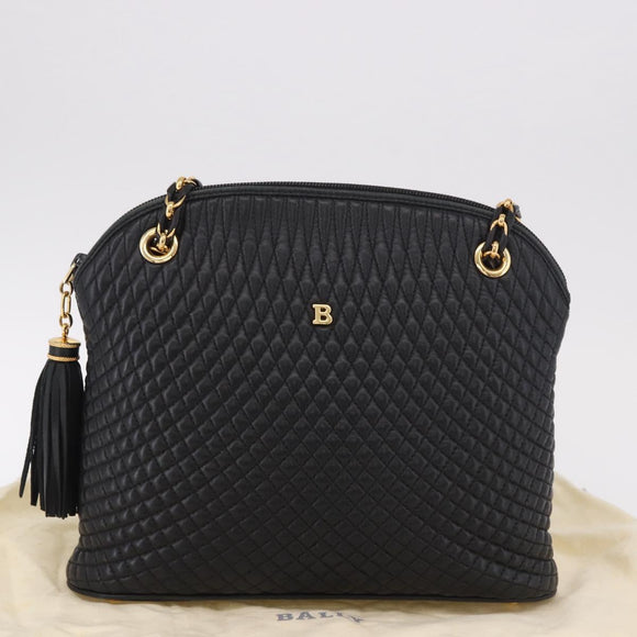 BALLY Chain Shoulder Bag Leather Black Gold Auth 184465