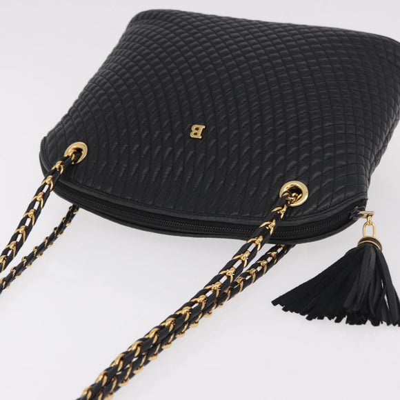 BALLY Chain Shoulder Bag Leather Black Gold Auth 184465