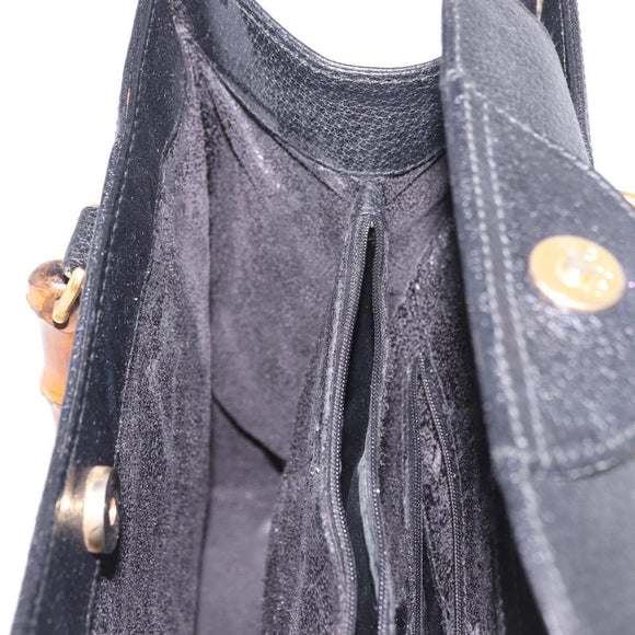 GUCCI Bamboo Hand Bag Leather Black Gold 002 1186 0260 Auth 184491