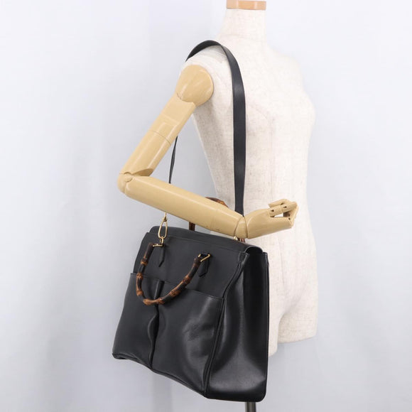 GUCCI Bamboo Hand Bag Leather 2way Black Gold 002 123 0322 Auth 184493