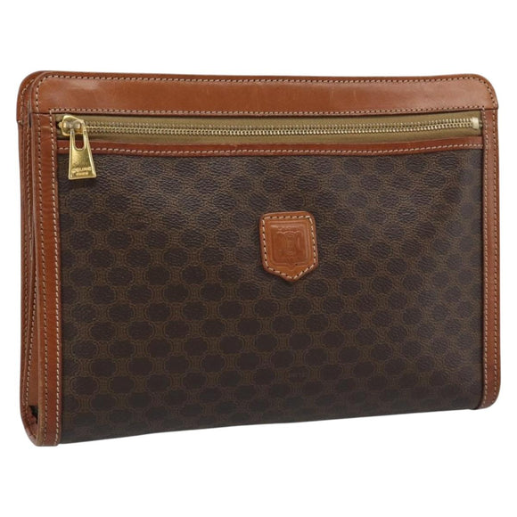 CELINE Macadam Canvas Clutch Tas PVC Leer Bruin Goud Auth 184528
