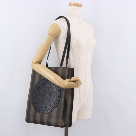 FENDI Pecan Canvas Tote Bag PVC Brown Black Auth 184531A