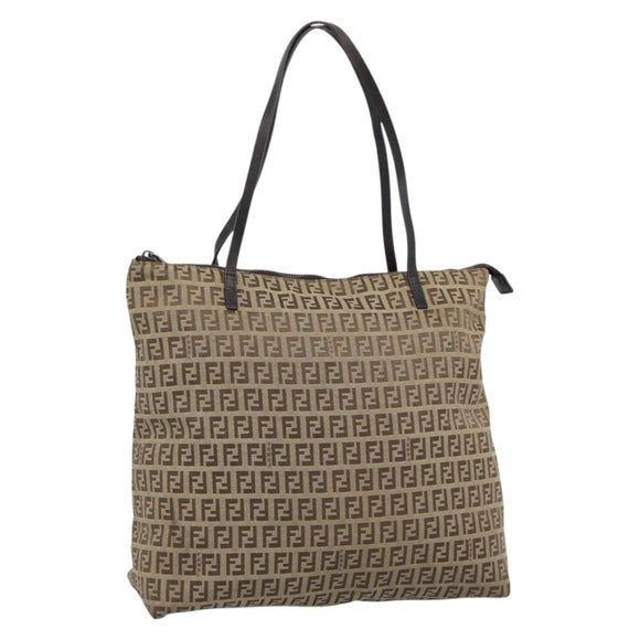 FENDI Zucchino Canvas Hand Bag Beige Silver Auth 184532