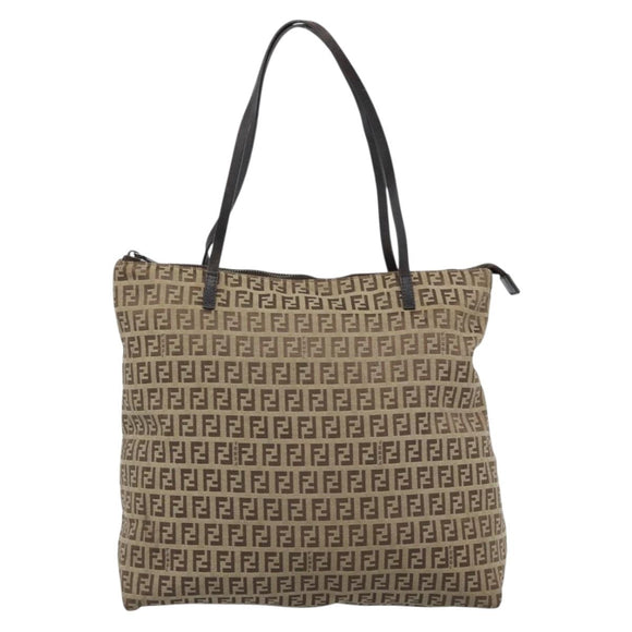 FENDI Zucchino Canvas Hand Bag Beige Silver Auth 184532