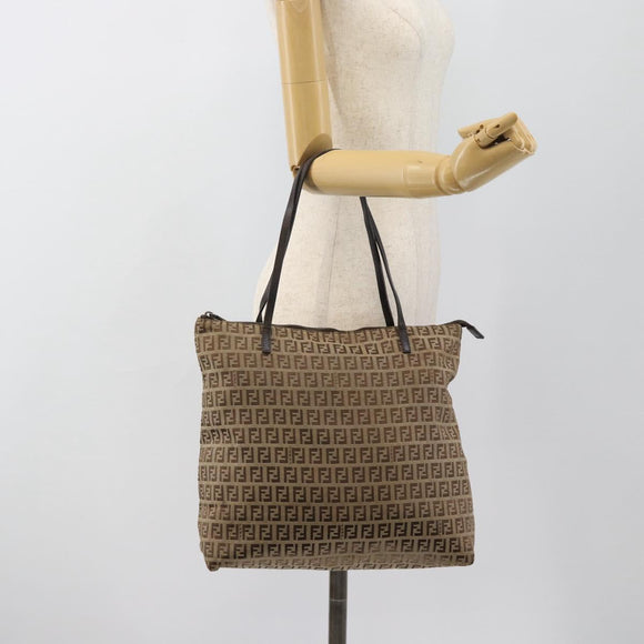 FENDI Zucchino Canvas Hand Bag Beige Silver Auth 184532
