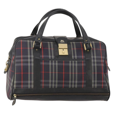 Burberrys Nova Check Boston Bag Canvas Navy Gold Auth 184536