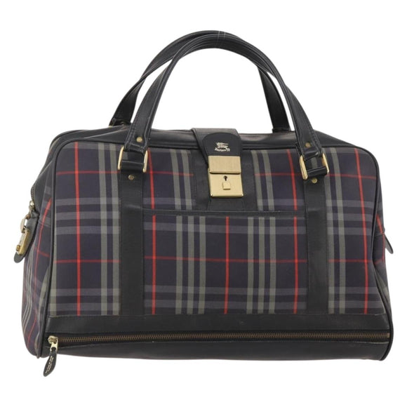 Burberrys Nova Check Boston Bag Canvas Navy Gold Auth 184536
