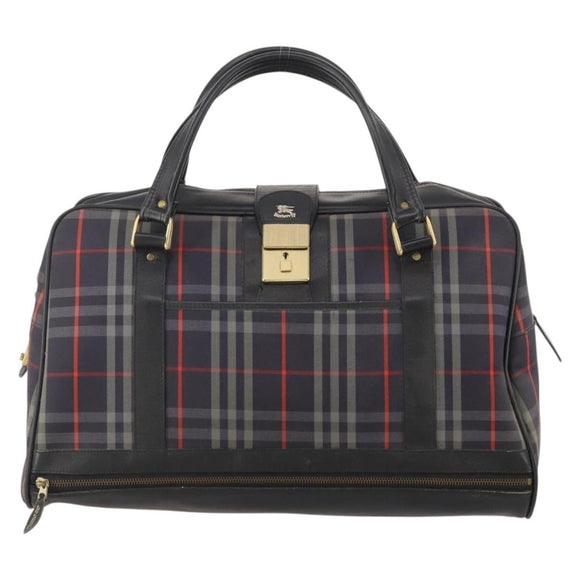 Burberrys Nova Check Boston Bag Canvas Navy Gold Auth 184536