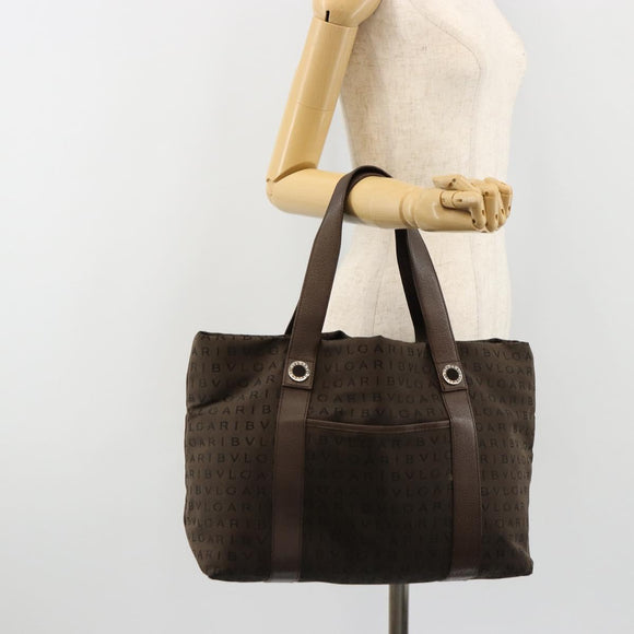 BVLGARI Logo Mania Tote Bag Canvas Brown Silver Auth 184540