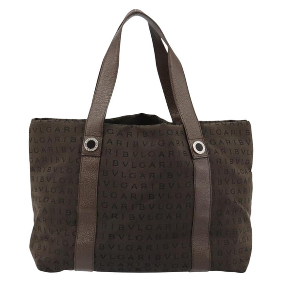 BVLGARI Logo Mania Tote Bag Canvas Brown Silver Auth 184540
