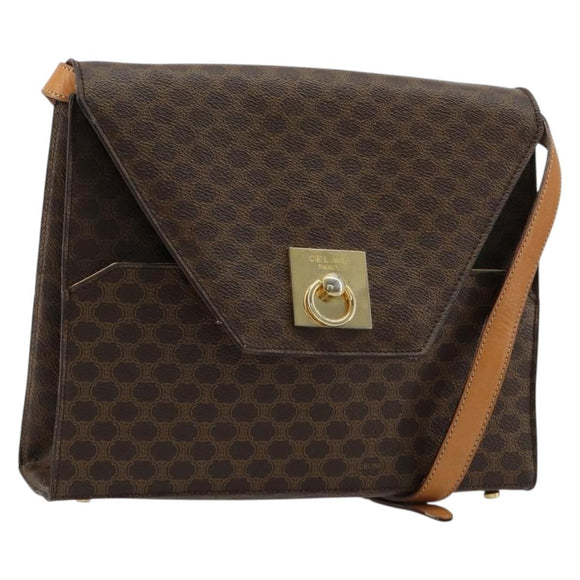 CELINE Macadam Canvas Shoulder Bag PVC Leather Brown Gold Auth 184541
