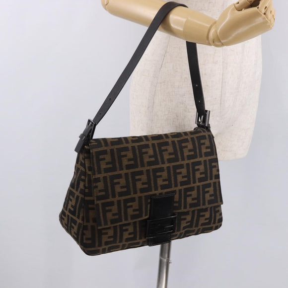 FENDI Zucca Canvas Mamma Baguette Shoulder Bag Black Brown Auth 184547SAV