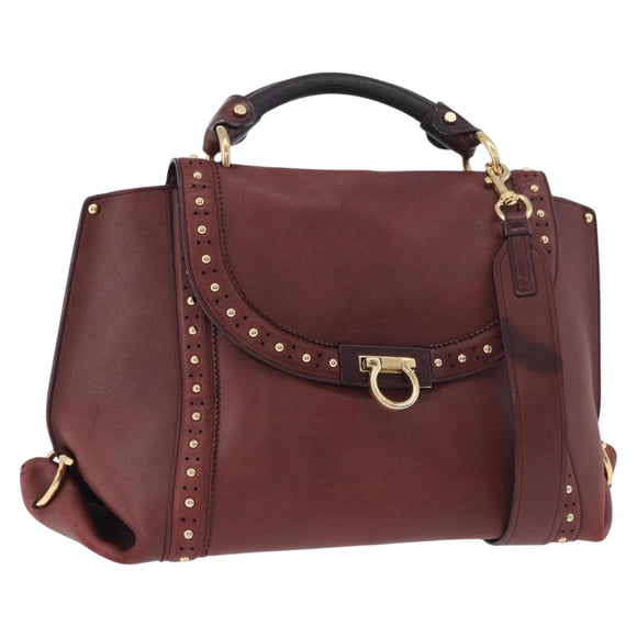 Salvatore Ferragamo Gancini Handtas Leer 2-weg Bordeaux Goud Auth 184549