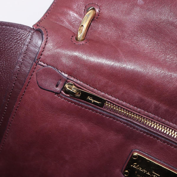Salvatore Ferragamo Gancini Handtas Leer 2-weg Bordeaux Goud Auth 184549