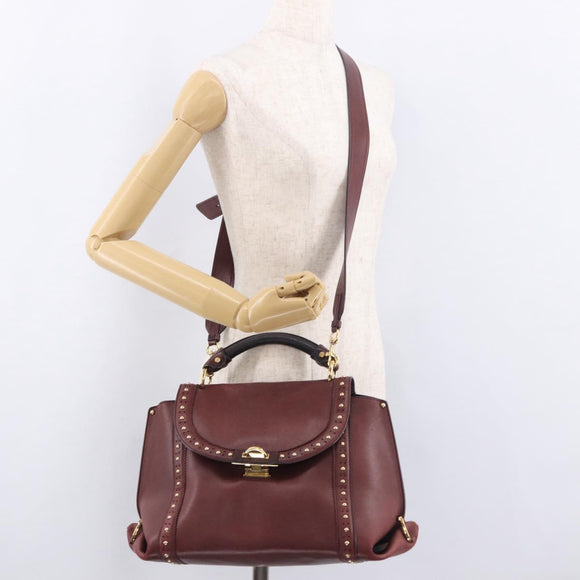 Salvatore Ferragamo Gancini Handtas Leer 2-weg Bordeaux Goud Auth 184549