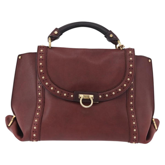 Salvatore Ferragamo Gancini Handtas Leer 2-weg Bordeaux Goud Auth 184549