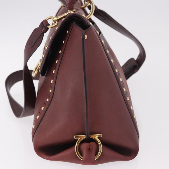Salvatore Ferragamo Gancini Handtas Leer 2-weg Bordeaux Goud Auth 184549