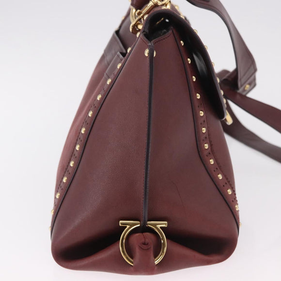 Salvatore Ferragamo Gancini Handtas Leer 2-weg Bordeaux Goud Auth 184549