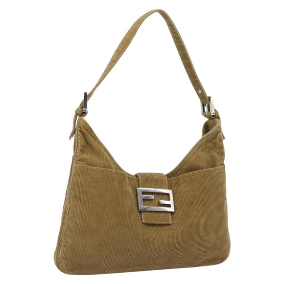 FENDI Mamma Baguette Schultertasche Kord Braun Silber Auth 184550V
