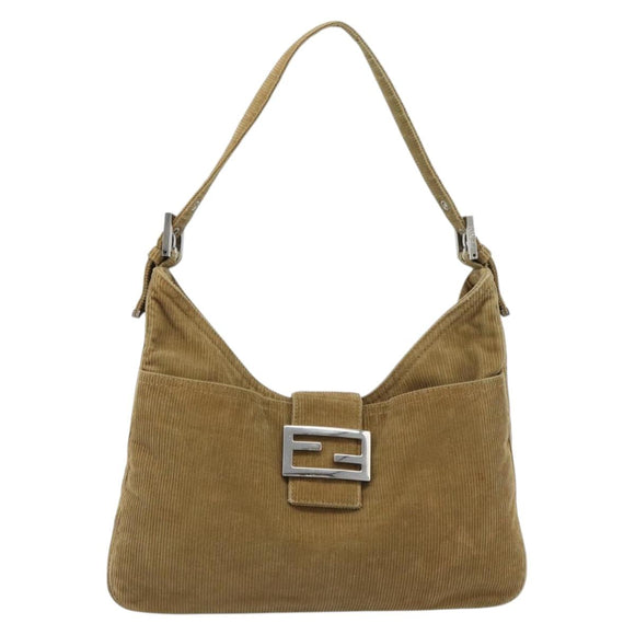 FENDI Mamma Baguette Schultertasche Kord Braun Silber Auth 184550V