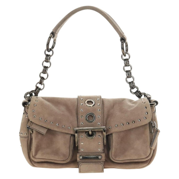 PRADA Chain Shoulder Bag Suede Beige Silver Auth 184553SAV