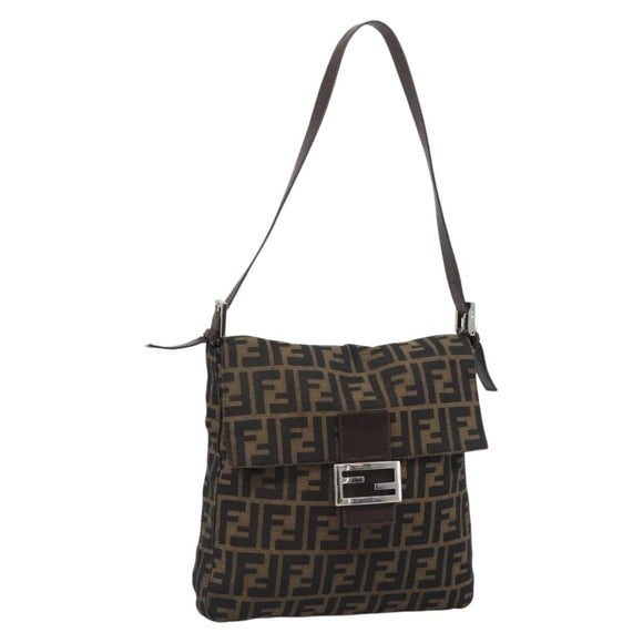 FENDI Zucca Canvas Mamma Baguette Shoulder Bag Black Brown Auth 184554A