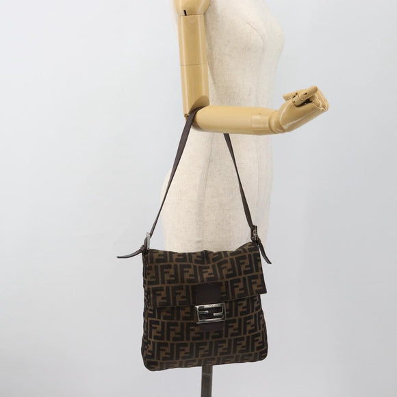 FENDI Zucca Canvas Mamma Baguette Shoulder Bag Black Brown Auth 184554A