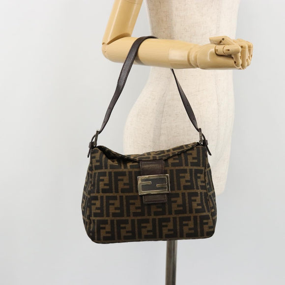 FENDI Zucca Canvas Mamma Baguette Shoulder Bag Black Brown Auth 184555SAM