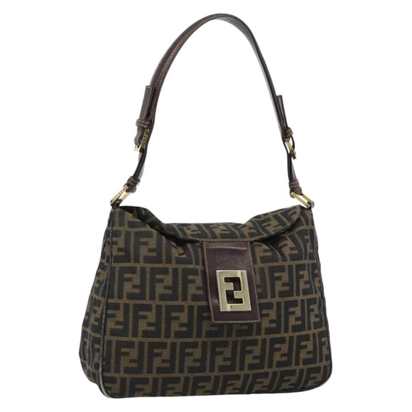 FENDI Zucca Canvas Mamma Baguette Schoudertas Zwart Bruin Auth 184556
