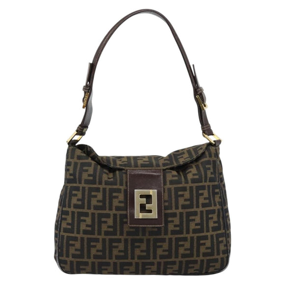 FENDI Zucca Canvas Mamma Baguette Schoudertas Zwart Bruin Auth 184556