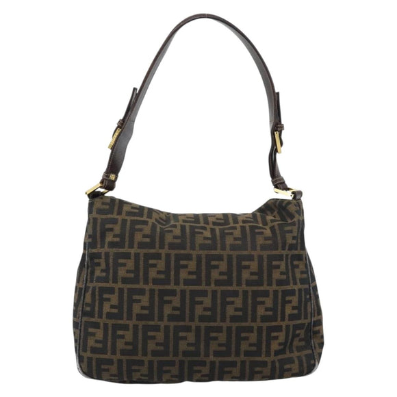 FENDI Zucca Canvas Mamma Baguette Schoudertas Zwart Bruin Auth 184556