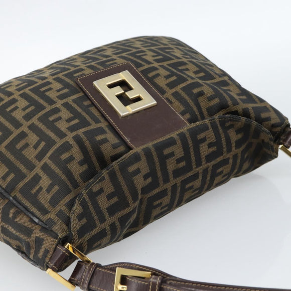 FENDI Zucca Canvas Mamma Baguette Schoudertas Zwart Bruin Auth 184556