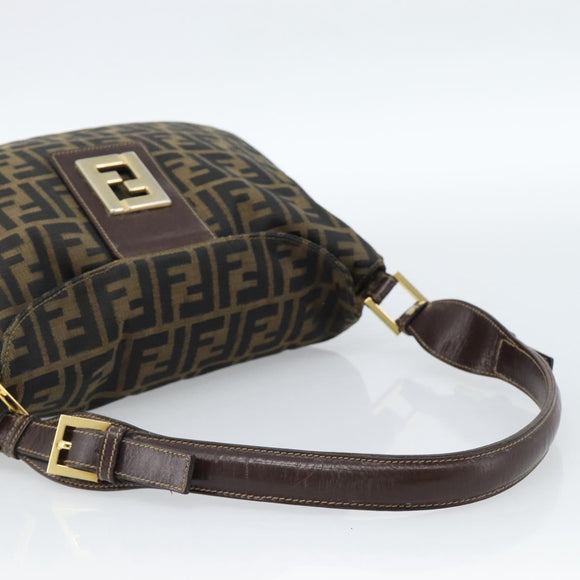 FENDI Zucca Canvas Mamma Baguette Schoudertas Zwart Bruin Auth 184556