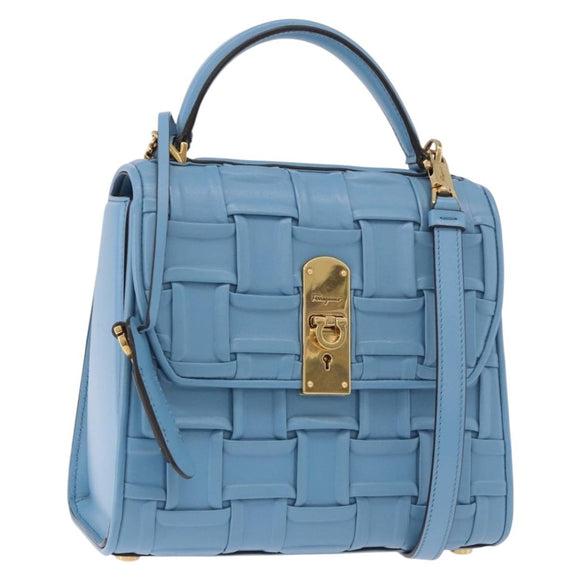 Salvatore Ferragamo Gancini Hand Bag Leather 2way Light Blue Gold Auth 184558