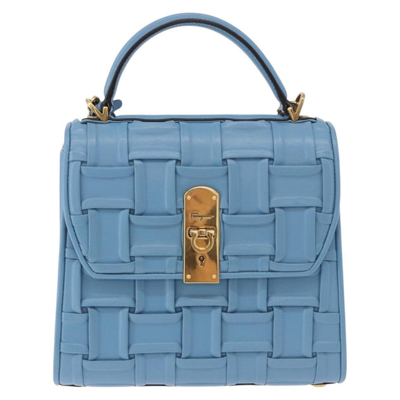 Salvatore Ferragamo Gancini Hand Bag Leather 2way Light Blue Gold Auth 184558