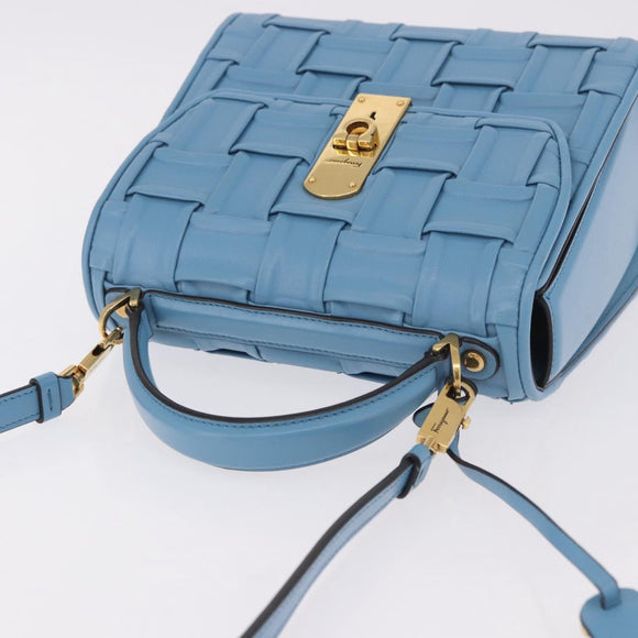 Salvatore Ferragamo Gancini Hand Bag Leather 2way Light Blue Gold Auth 184558