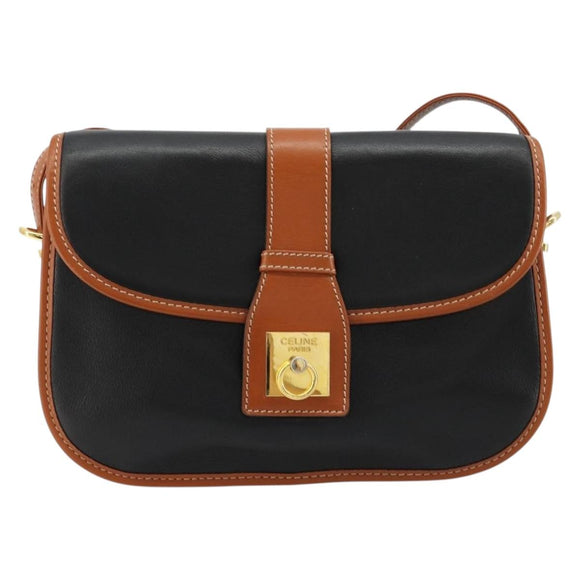CELINE Shoulder Bag Leather Black Gold Auth 184561A