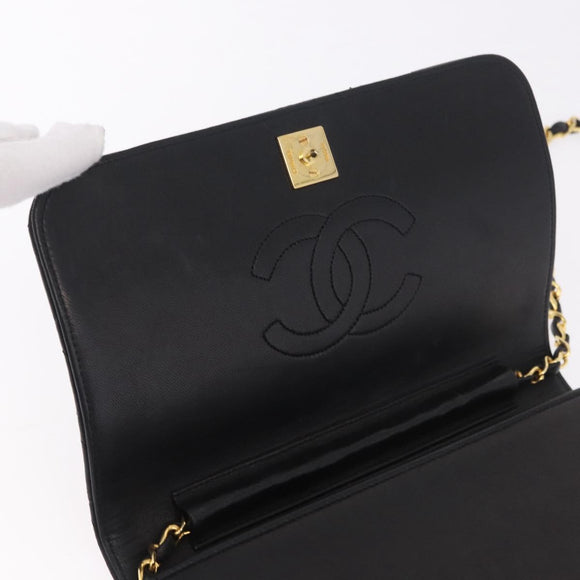 CHANEL Matelassé Ketting Schoudertas Lamsleer Zwart Goud CC Auth 184564