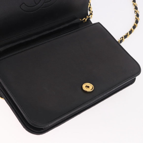 CHANEL Matelassé Ketting Schoudertas Lamsleer Zwart Goud CC Auth 184564