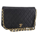 CHANEL Matelassé Ketting Schoudertas Lamsleer Zwart Goud CC Auth 184564-1