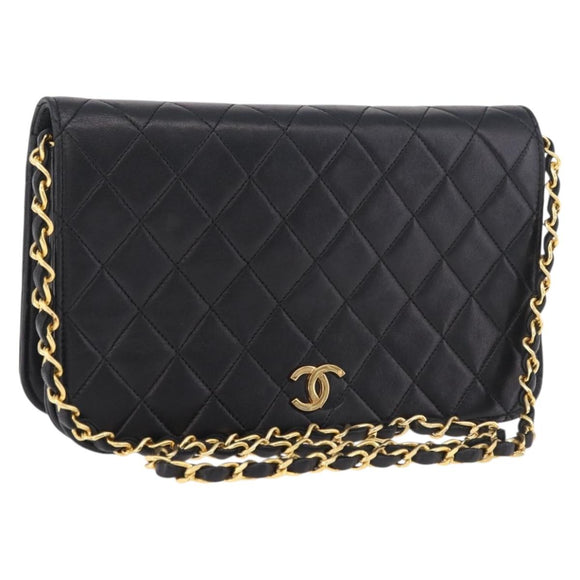 CHANEL Matelassé Ketting Schoudertas Lamsleer Zwart Goud CC Auth 184564