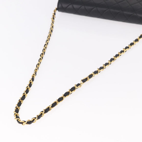 CHANEL Matelassé Ketting Schoudertas Lamsleer Zwart Goud CC Auth 184564