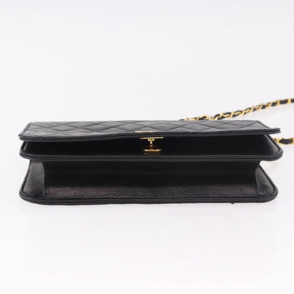 CHANEL Matelassé Ketting Schoudertas Lamsleer Zwart Goud CC Auth 184564