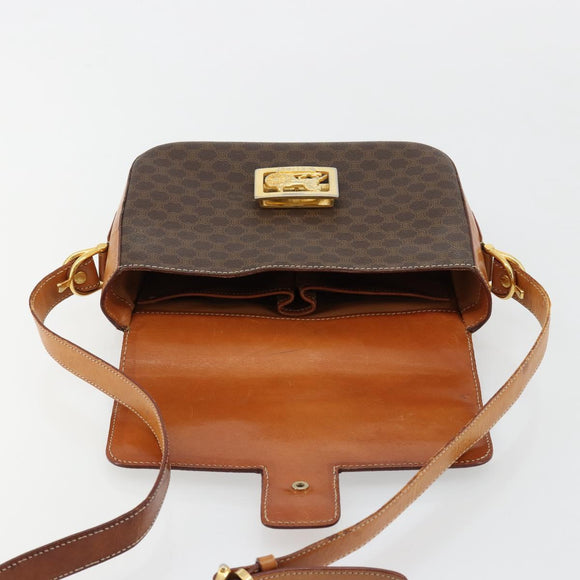 CELINE Macadam Canvas Horse Carriage Bag PVC Leather Brown Gold Auth 184567