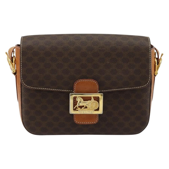 CELINE Macadam Canvas Horse Carriage Bag PVC Leather Brown Gold Auth 184567