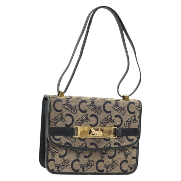 CELINE C Sulky Horse Carriage Shoulder Bag Canvas Navy Gold Auth 184574