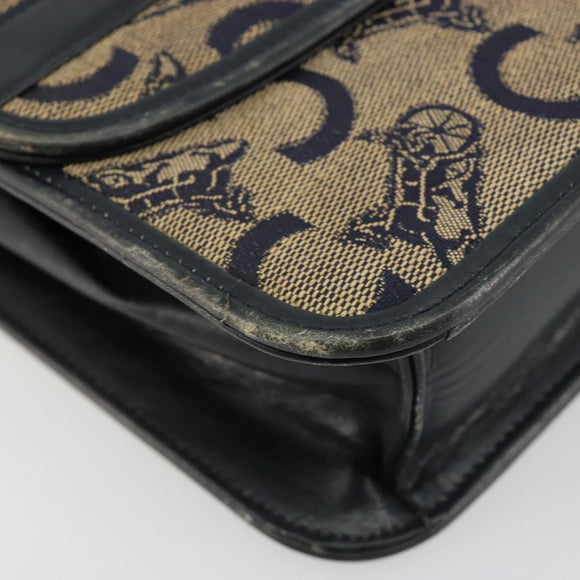 CELINE C Sulky Horse Carriage Shoulder Bag Canvas Navy Gold Auth 184574