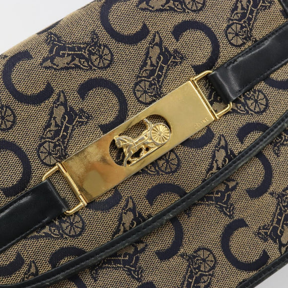 CELINE C Sulky Horse Carriage Shoulder Bag Canvas Navy Gold Auth 184574