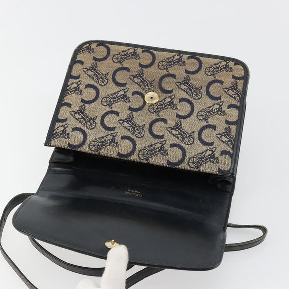 CELINE C Sulky Horse Carriage Shoulder Bag Canvas Navy Gold Auth 184574